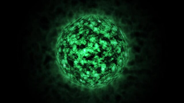 Abstract green energy sphere with fractal texture animated on a black background.