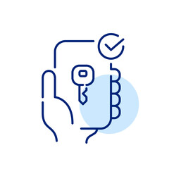 Remote control personal account access. Key, smartphone and checkmark. Pixel perfect, icon