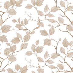 Pattern set against a pristine white backdrop, featuring graceful beige branches and intricate leaf skeletons. 