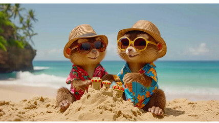 Fototapeta na wymiar Chipmunks dressed in a Hawaiian shirt, beach shorts, hat, sunglasses is building a sand castle on the beach on a clear sunny day, with a blue sky, and a turquoise sea nearby, smiles, summer tones, bri