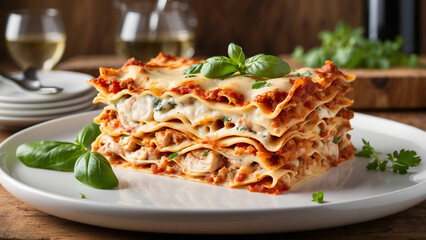 Culinary masterpiece of your homemade chicken lasagna, beautifully presented on a white plate, accentuated by the rustic charm of a wooden table