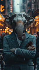 Fototapeta na wymiar Elegant elephant gracefully walks through urban streets, adorned in tailored sophistication, epitomizing street style. The realistic city backdrop captures the majestic presence blended with contempor