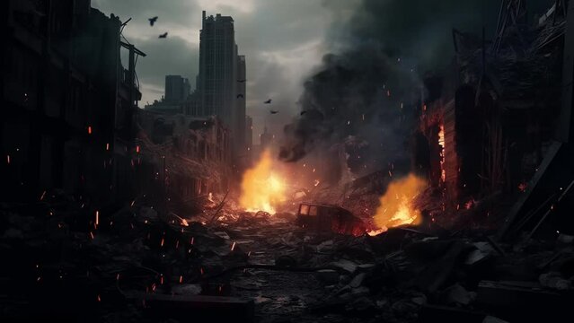 illustration of the condition of a dead city. Destroyed City Digital Illustration Industrial Ruins Post Apocalyptic Abandoned. seamless looping overlay 4k virtual video animation background 