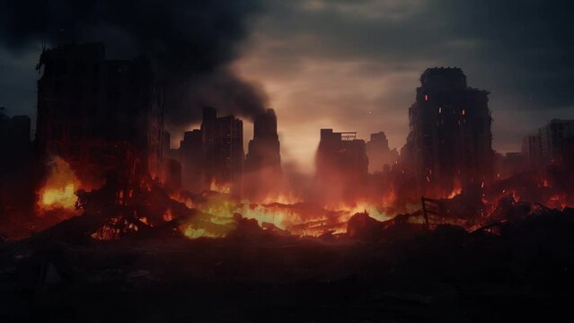 illustration of the condition of a dead destroyed city. Digital Illustration Industrial Ruins Post Apocalyptic Abandoned. seamless looping overlay 4k virtual video animation background 