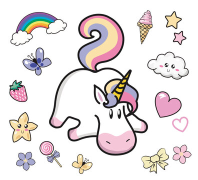 Cute unicorn cartoon vector illustration set