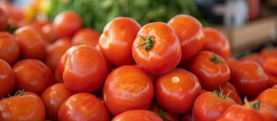 Zoom in on a pile of Beefsteak tomatoes at a market stall. - Powered by Adobe
