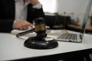 Judge gavel with Justice lawyers having team Concepts of Law and Legal services