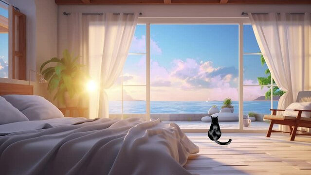 peaceful be room interior ambiance with beautiful sea. amazing window view from a bedroom. seamless looping overlay 4k virtual video animation background 