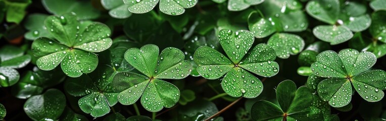 Green clover leaves with water drops. St. Patrick's Day background Banner