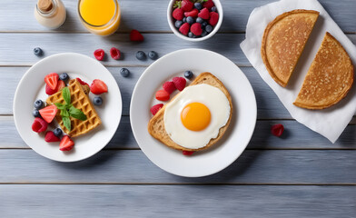 Obraz na płótnie Canvas Breakfast with fried eggs, coffee, strawberry, bread. Generative AI