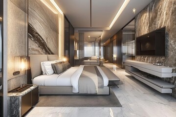Spacious Bedroom With Large Bed and Wall-Mounted TV. - obrazy, fototapety, plakaty