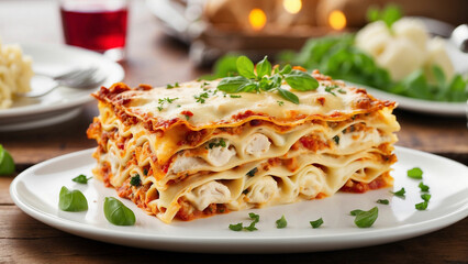 A visual symphony with chicken lasagna displayed on a clean white plate, the richness of its flavors contrasted against the natural hues of a wooden table