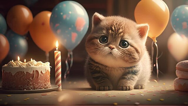Cute cat celebrates birthday. Created with Generative AI.	
