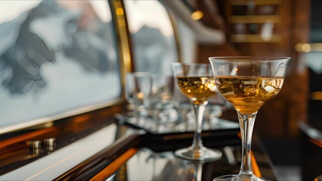 Experience the perfect blend of opulence and natural beauty as you indulge in a drink from the private jets minibar, with glacial views providing a picturesque backdrop.