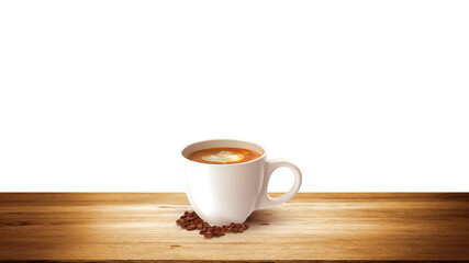 A cup of coffee on a wooden table against an isolated white background with clipping path