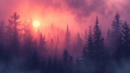 Fototapeta premium Foggy forest at sunrise. illustration for your design. - Generative AI
