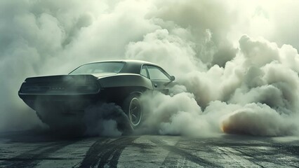 Smoke billows out from the spinning wheels of a muscle car as it performs a dramatic burnout before taking off in a cloud of dust.