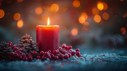 Obraz na płótnie Canvas Burning candle with Christmas decoration on bokeh lights background. - Generative AI