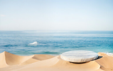 Fototapeta na wymiar Marble podium in tropical sand beach ai generated