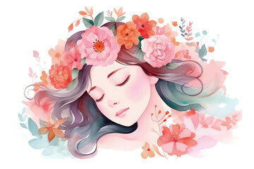 Watercolor girl portrait with flowers and closed-eyes background for fairy princess femininity theme