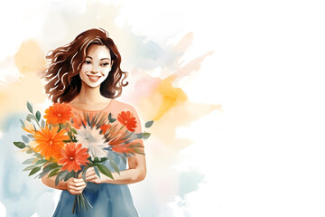 Obraz na płótnie Canvas Watercolor smiling woman with curly hair holding flower bouquet portrait background with blank space