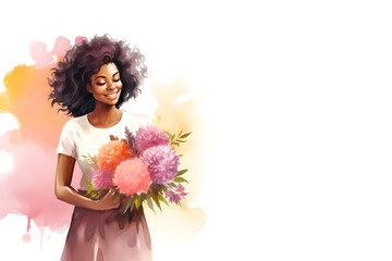 Watercolor happy black woman holding flower bouquet on white background and copy space decoration
