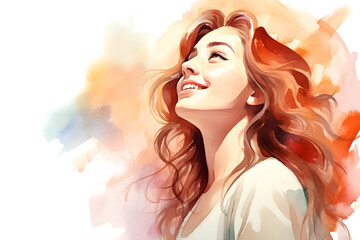 Fototapeta premium Watercolor smiling confident girl in brown hair looking up portrait background with copy space illustration