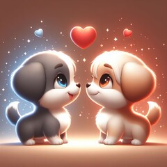 Happy grey and pink puppies looking at each other, red heart, Valentine's Day, neutral dark background, 3D