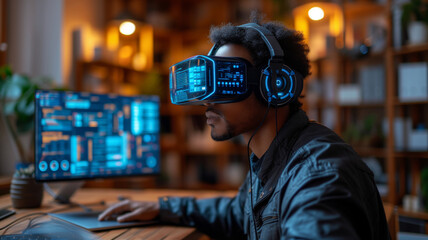 Man software developer wearing VR glasses works on coding.