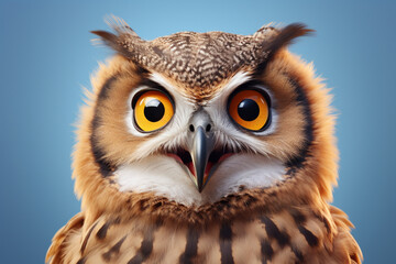 Fototapeta premium Eurasian Eagle-Owl on a white background. Adorable 3D cartoon animal portrait