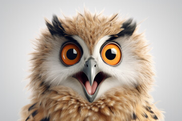 Fototapeta premium Eurasian Eagle-Owl on a white background. Adorable 3D cartoon animal portrait