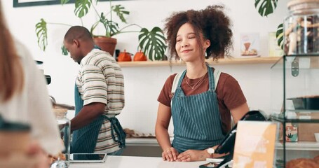 Cashier, cafe food and customer service at counter with thank you, smile for hospitality and drinks order. Happy waitress or barista giving chocolate croissant, pastry or breakfast at a coffee shop