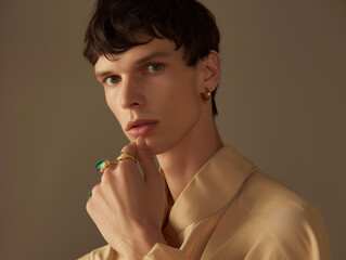 Fashionable portrait of a young man in a beige coat. Studio shot. in the style of gold and light emerald jewelry. Fashion magazine photo shoots.	
