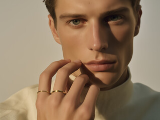 Fashionable portrait of a young man in a beige coat. Studio shot. in the style of gold and light emerald jewelry. Fashion magazine photo shoots.	
