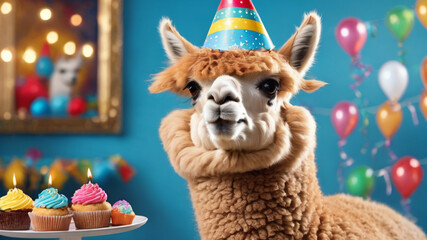 Happy Birthday, carnival, New Year's eve, sylvester or other festive celebration, funny animals card - Alpaca with party hat and cupcake with candle isolated on blue background - obrazy, fototapety, plakaty