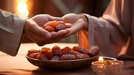 Close-up of hands exchanging dates in a heartfelt gesture, soft focus background, warm and inviting, capturing the essence of breaking fast with simplicity and warmth