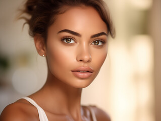 Naklejka premium Portrait of beautiful sensual young woman face close up with makeup. Perfect skin. Beauty face. Photo taken in the studio.