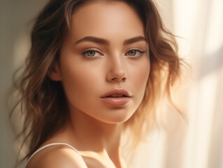 Obraz premium Portrait of beautiful sensual young woman face close up with makeup. Perfect skin. Beauty face. Photo taken in the studio.