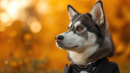 Husky in Suit with Autumn Backdrop