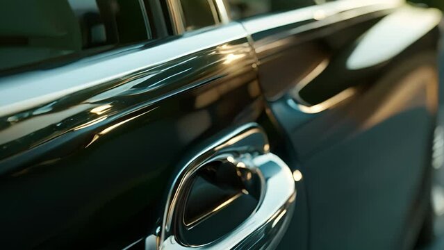 A closeup footage of a luxury cars door handle featuring a seamless blend of polished metal and leather for a luxurious feel.