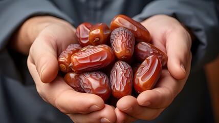 Close-up of dates held in a human hand, cool tones, subtle background, highlighting the tactile experience and natural appeal of the dates in a visually pleasing manner - obrazy, fototapety, plakaty