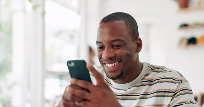 Cafe, phone and happy black man reading on social media, network or funny meme online. Smartphone, smile and African person in restaurant, scroll on mobile app and communication on digital technology