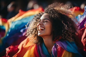Beautiful african american girl with curly hair smiling and waving rainbow flag outdoors - Powered by Adobe