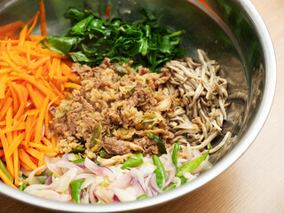Various vegetables and meat in a bowl	