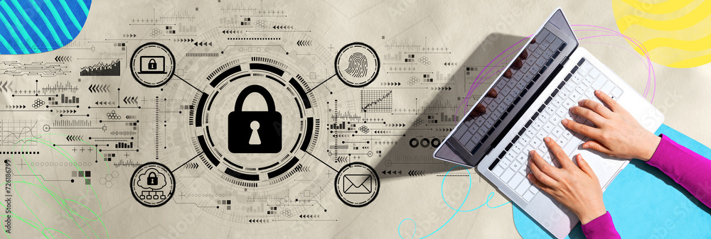 Poster internet network security concept with person using a laptop computer