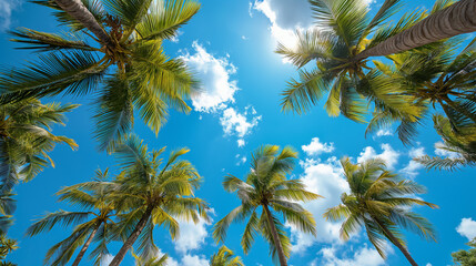 Obraz premium From below palm trees, plane on the sky, summer
