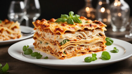 Aesthetics of gourmet chicken lasagna as it takes center stage on a pristine white plate, harmonizing with the warmth of a wooden table beneath