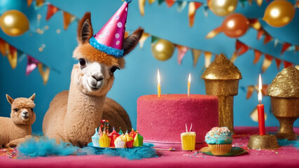 Fototapeta premium Happy Birthday, carnival, New Year's eve, sylvester or other festive celebration, funny animals card - Alpaca with party hat and cupcake with candle isolated on blue background