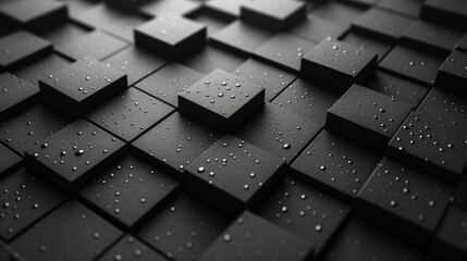 3d rendering of black blocks with water drops. Abstract background. - Generative AI - obrazy, fototapety, plakaty