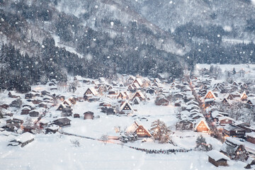 Fototapeta na wymiar 冬の白川郷のライトアップ。日本の岐阜県にある観光名所。